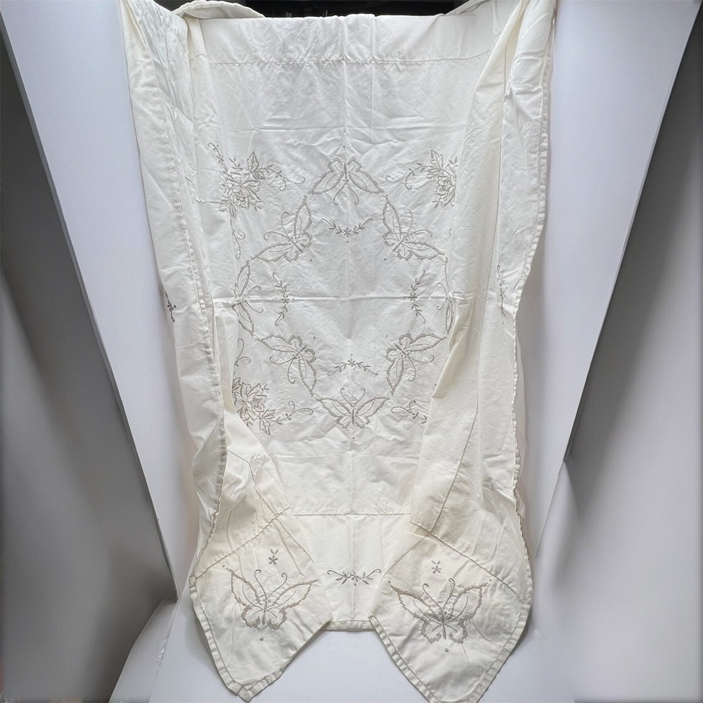 Vintage Ivory Embroidered Tablecloth Square 48x48 Butterfly Floral Cottagecore